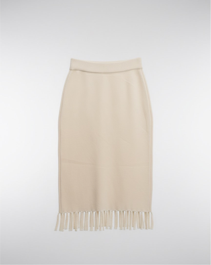 Fringed Knit Midi Skirt- Oat colour
