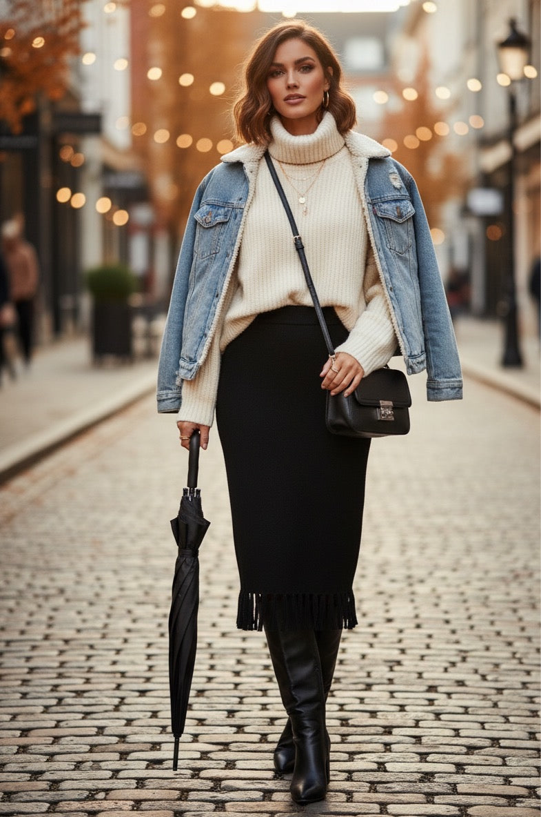 Fringed Knit Midi Skirt- Black
