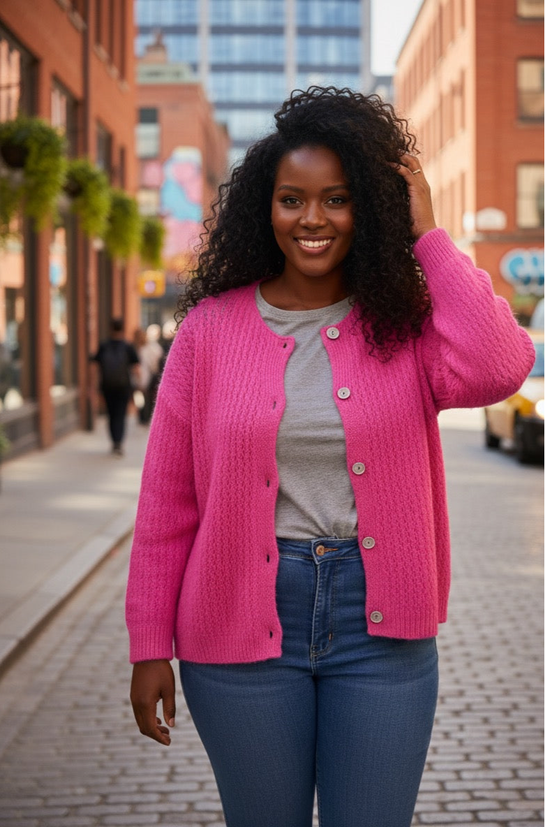 The Cozy Knit V-Neck Hot Pink Cardigan