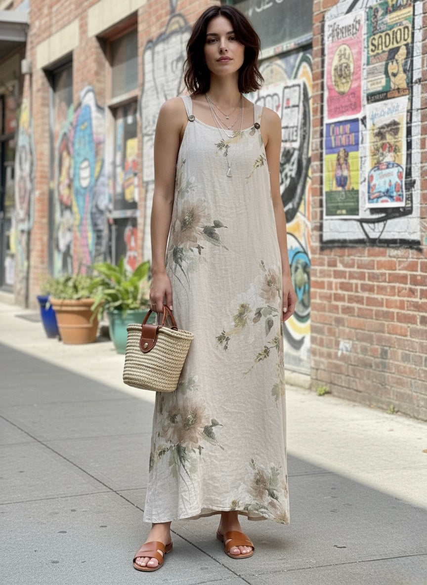 The Sienna Watercolor Floral Linen Maxi Dress