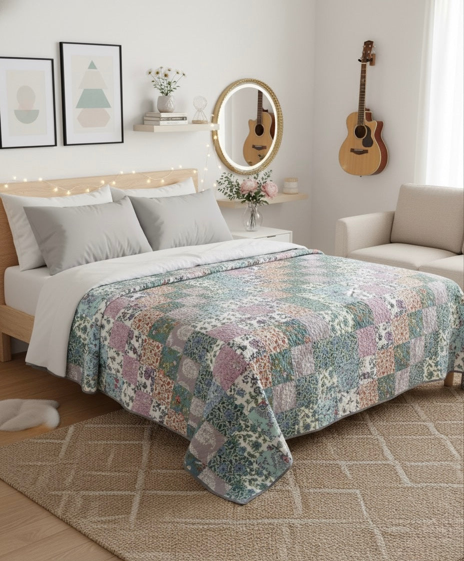 Reversible floral patchwork queen-size cotton quilt.