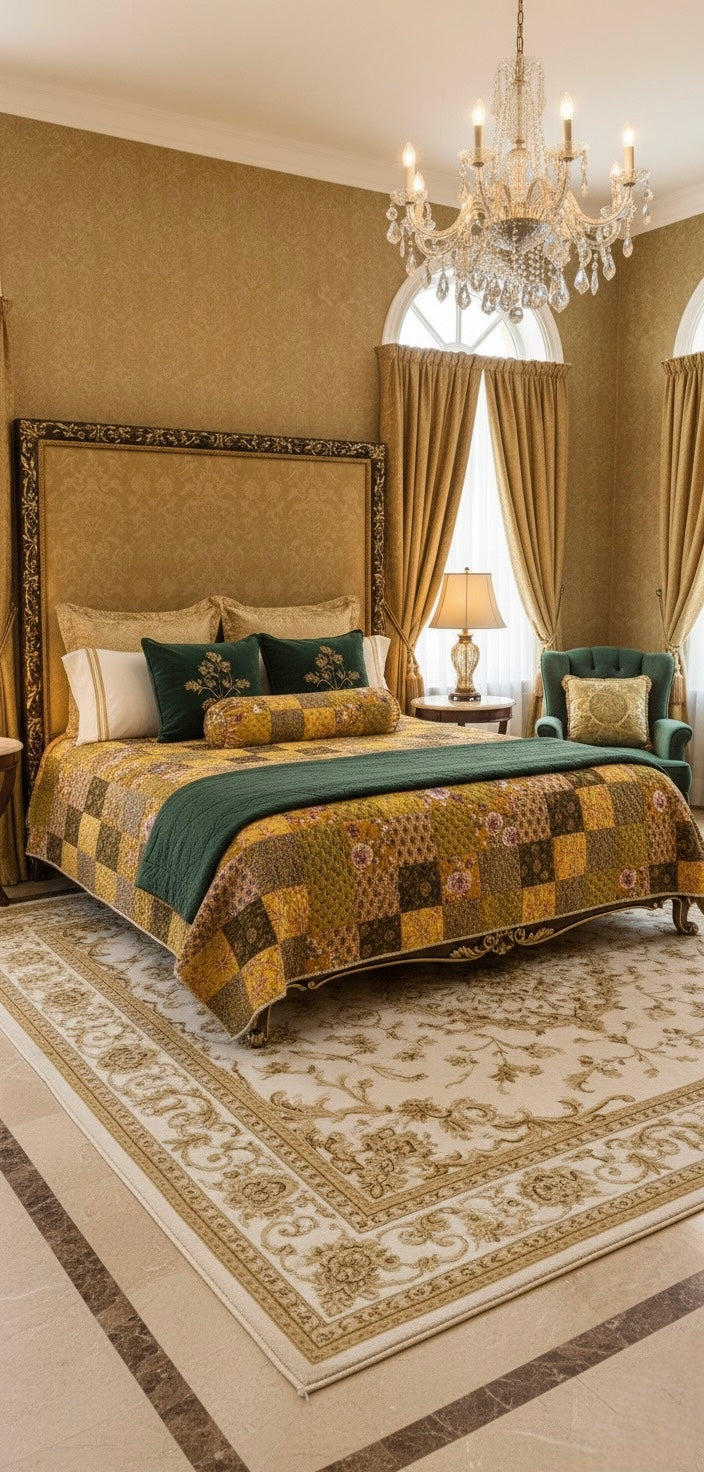 Golden Floral Patchwork Quilt- Queen Size