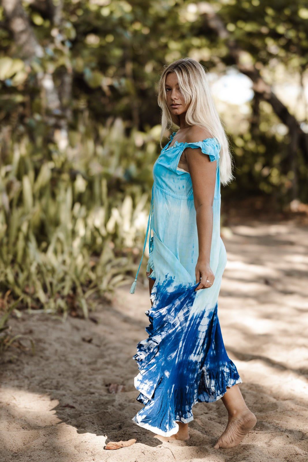 Barcelona Blue High Low Ruffle  Button-Up Slit Dress