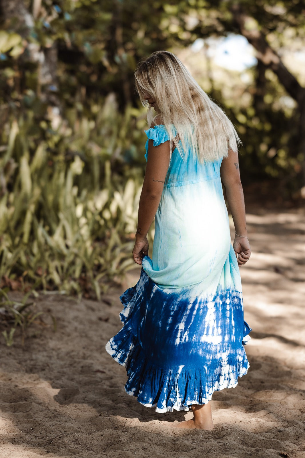 Barcelona Blue High Low Ruffle  Button-Up Slit Dress