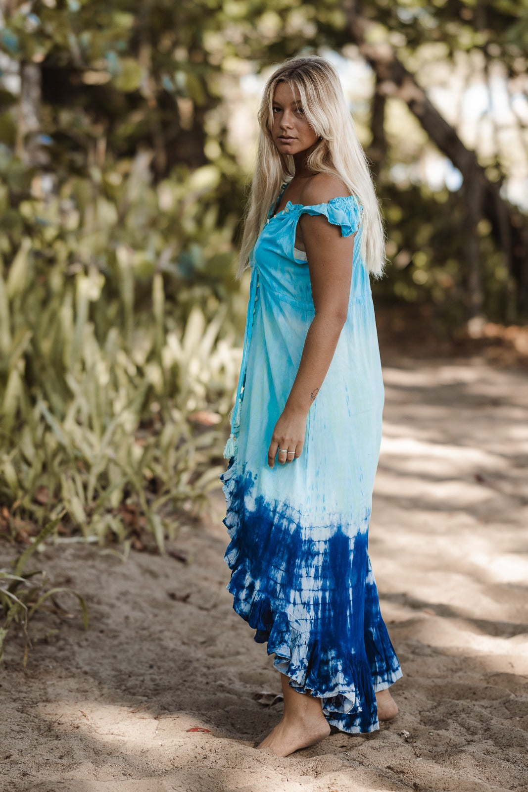 Barcelona Blue High Low Ruffle  Button-Up Slit Dress