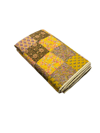 Vintage Floral Print & Bold Mustard Patchwork: Reversible Cotton Queen Size Quilt