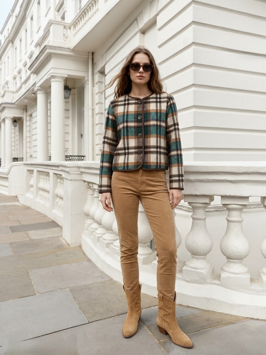 Plaid Collarless Flannel Jacket- Green