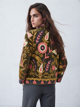 Velvet Embroidered Folk Floral Reversible Jacket with Pockets - Olive& pink