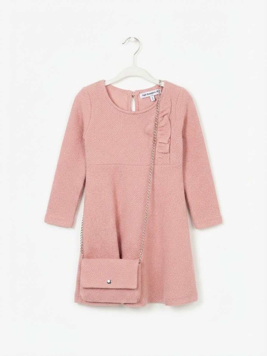 Italian Tweed Knit Dress Set with Matching Bag- Pink