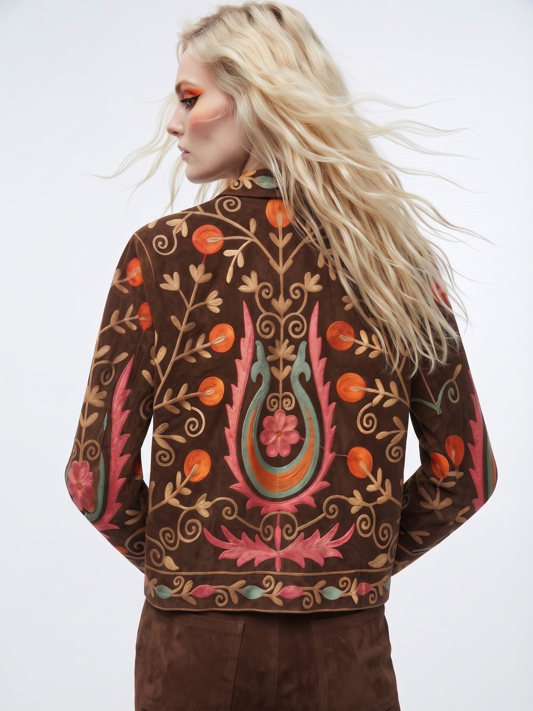 Velvet Embroidered Folk Floral Reversible Jacket with Pockets- Burnt Orange