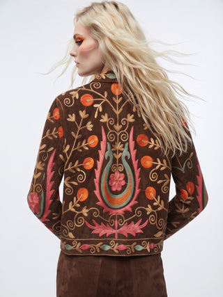 Velvet Embroidered Folk Floral Reversible Jacket with Pockets- Burnt Orange