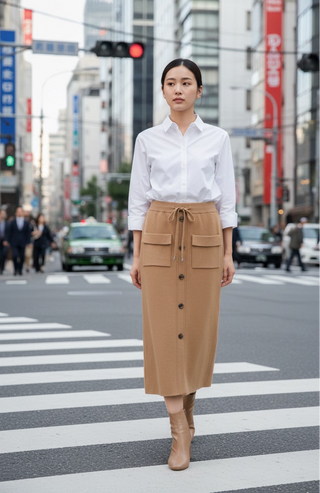The Autumn Knit Midi Skirt- Tan