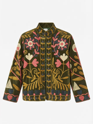 Velvet Embroidered Folk Floral Reversible Jacket with Pockets - Olive& pink