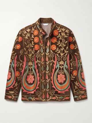 Velvet Embroidered Folk Floral Reversible Jacket with Pockets- Burnt Orange