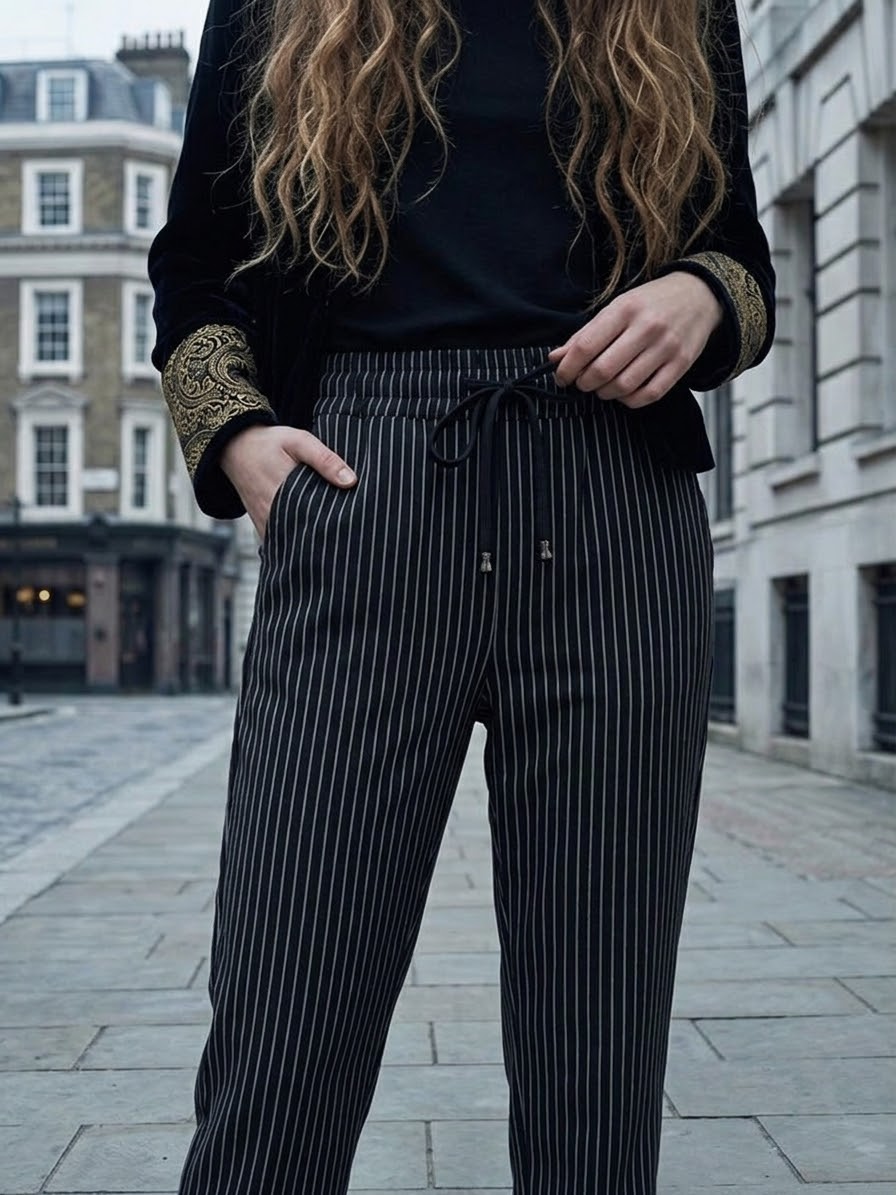 The Italian Pinstripe Drawstring Pull-On Pant- Black