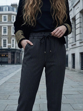 The Italian Pinstripe Drawstring Pull-On Pant- Black