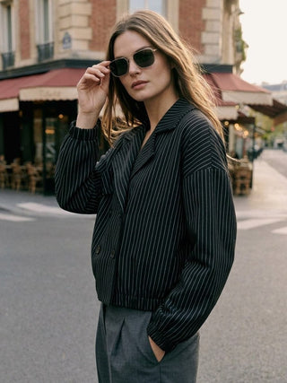 Double-Breasted Pinstripe Crop Jacket - Black