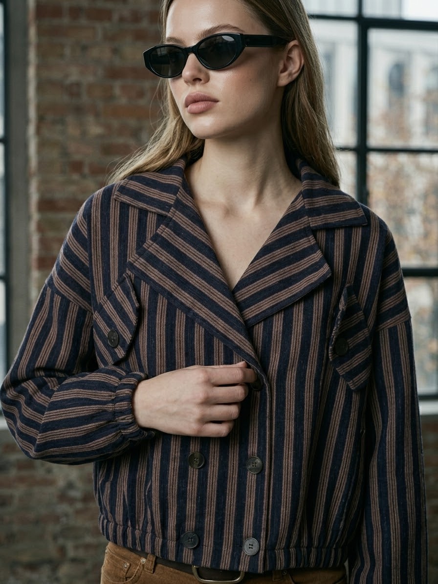 Double-Breasted Pinstripe Crop Jacket - Navy/Brown