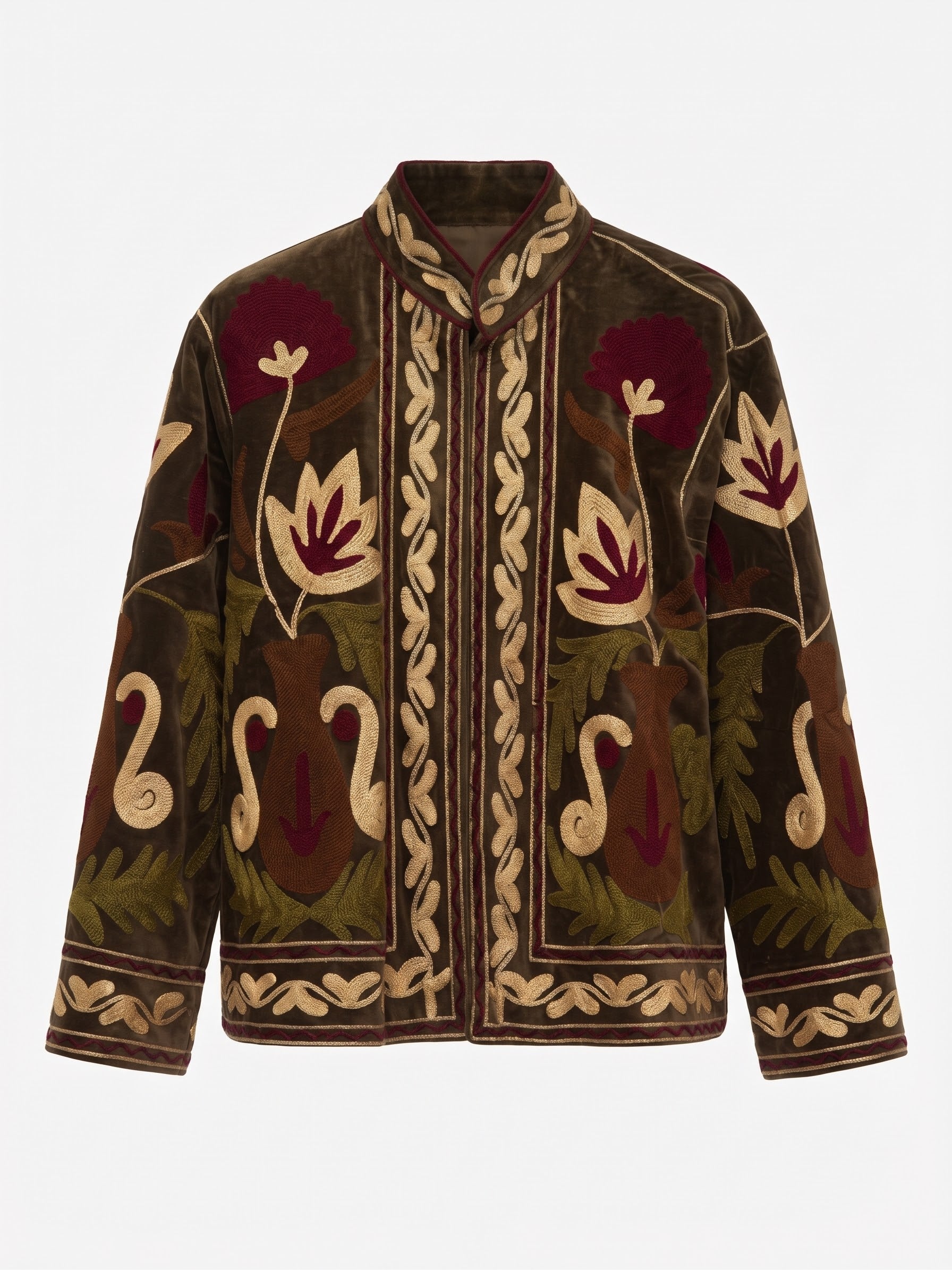 Velvet Embroidered Folk Floral Reversible Jacket with Pockets - Burgundy