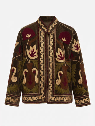 Velvet Embroidered Folk Floral Reversible Jacket with Pockets - Burgundy