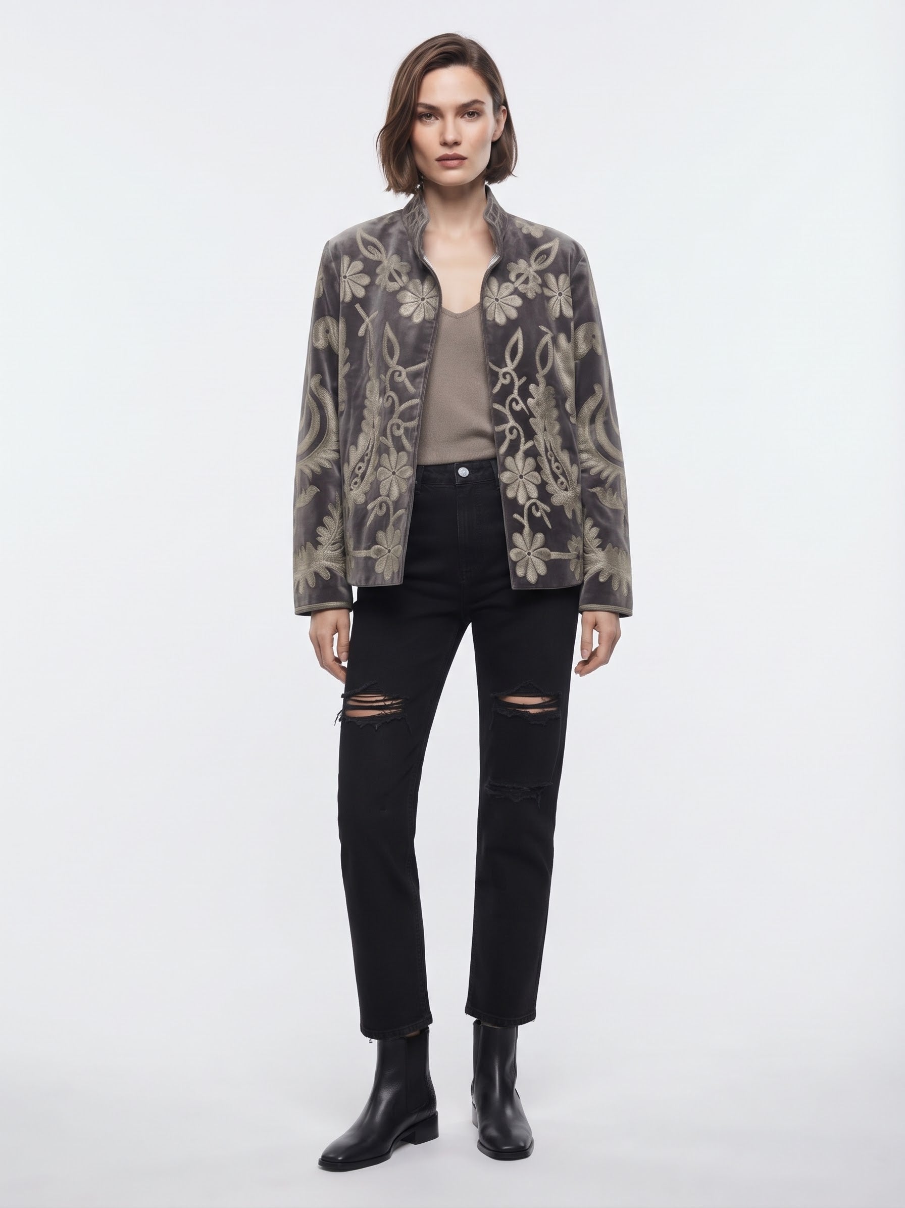Velvet Embroidered Folk Floral Reversible Jacket with Pockets - Taupe