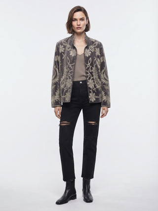 Velvet Embroidered Folk Floral Reversible Jacket with Pockets - Taupe