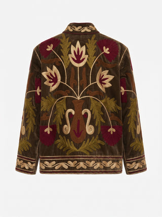 Velvet Embroidered Folk Floral Reversible Jacket with Pockets - Burgundy