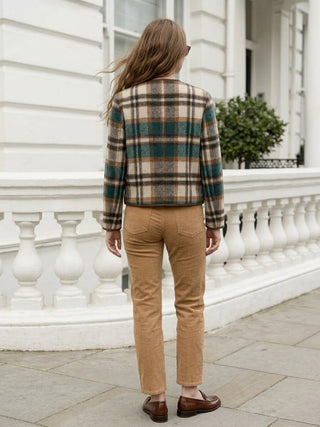 Plaid Collarless Flannel Jacket- Green