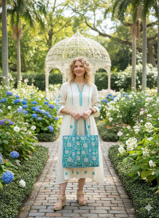 Azure Bloom Small Quilted Tote with Zipper