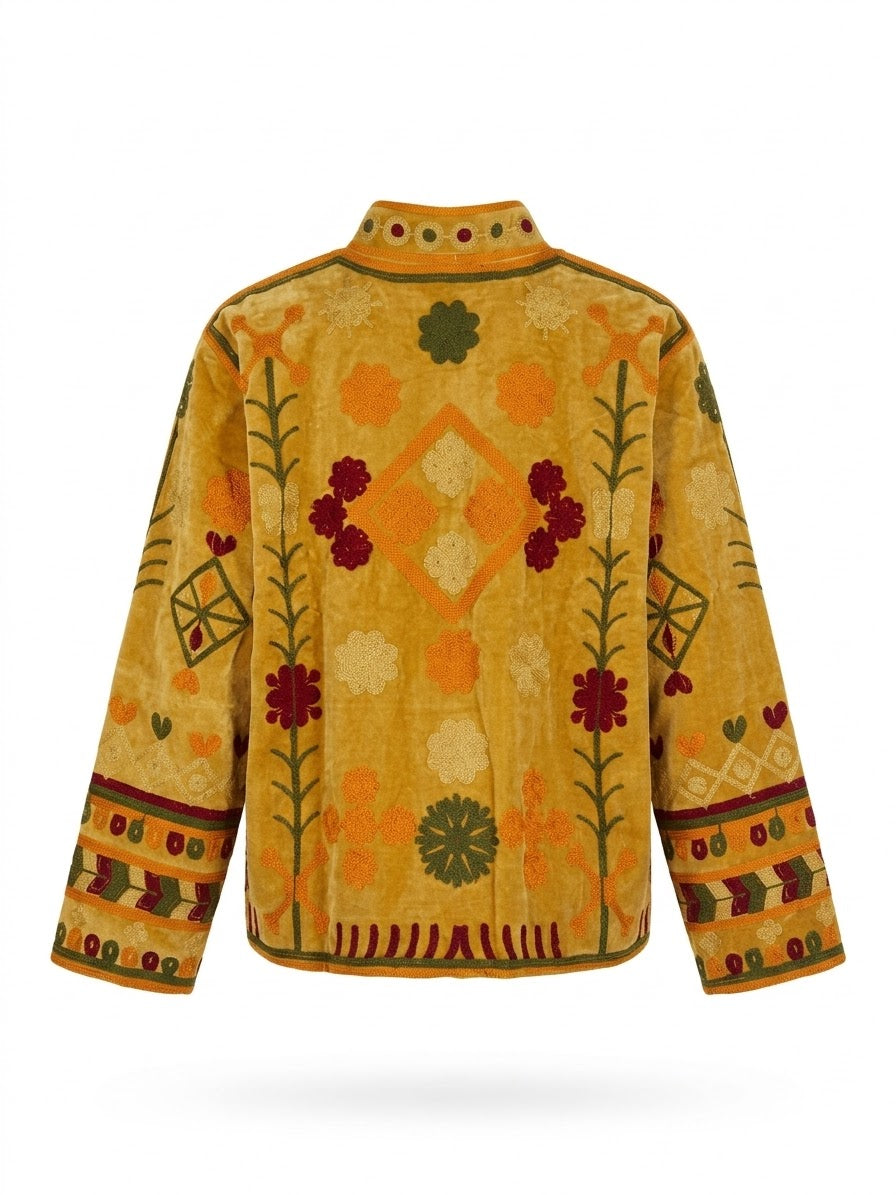 Velvet Embroidered Folk Floral Reversible Jacket with Pockets- Mustard