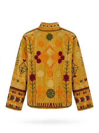 Velvet Embroidered Folk Floral Reversible Jacket with Pockets- Mustard