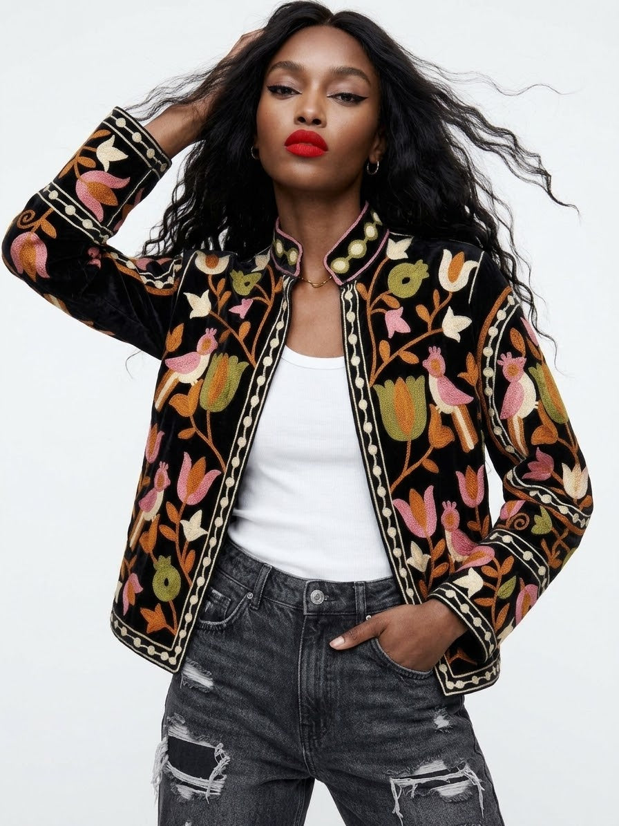 Velvet Embroidered Bird & Floral Reversible Jacket with Pockets - Black