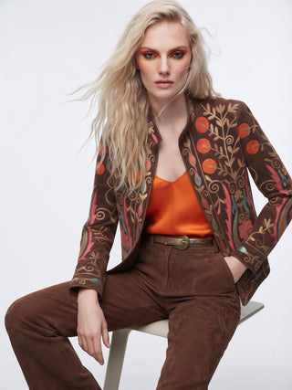 Velvet Embroidered Folk Floral Reversible Jacket with Pockets- Burnt Orange