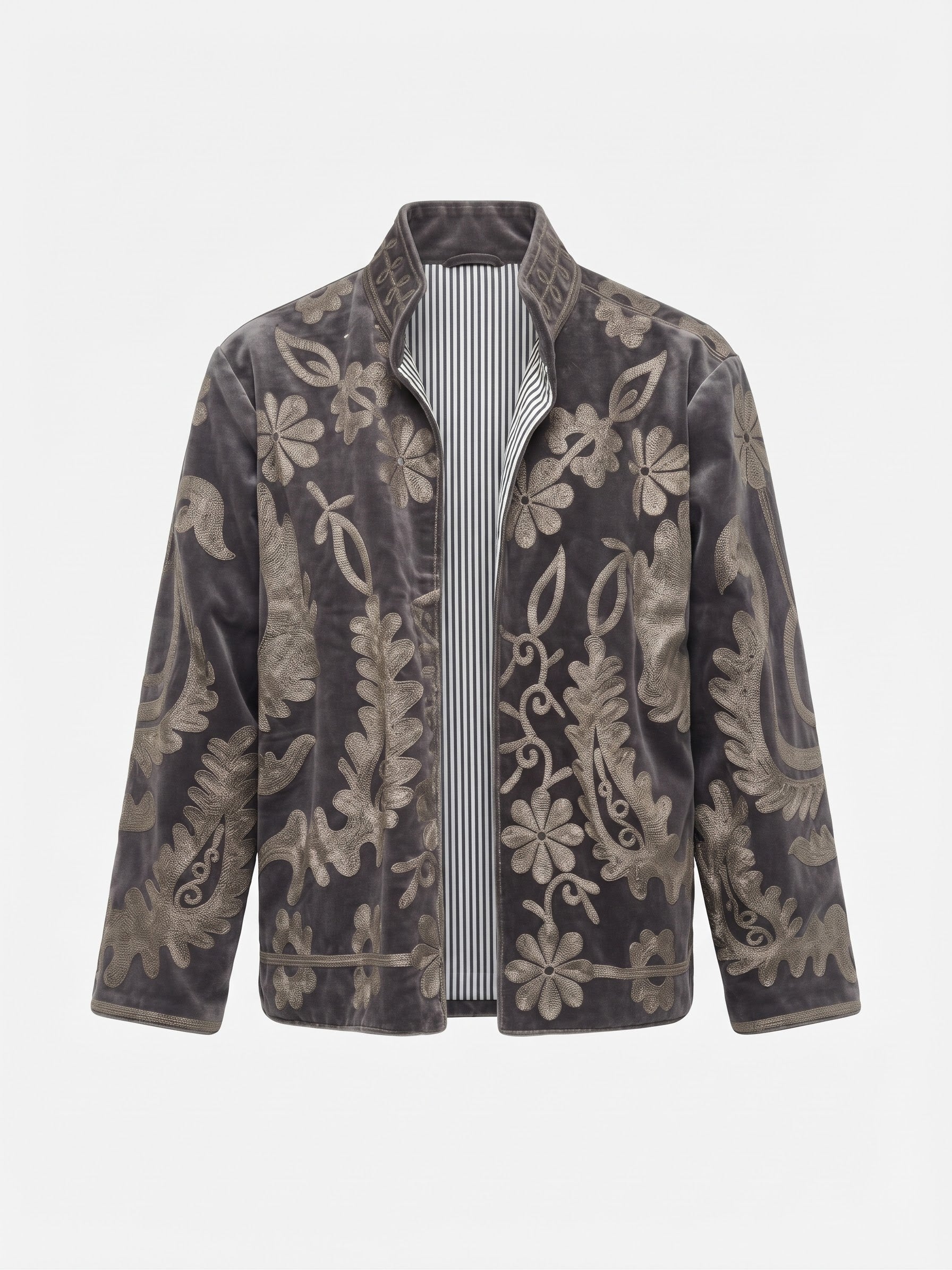 Velvet Embroidered Folk Floral Reversible Jacket with Pockets - Taupe