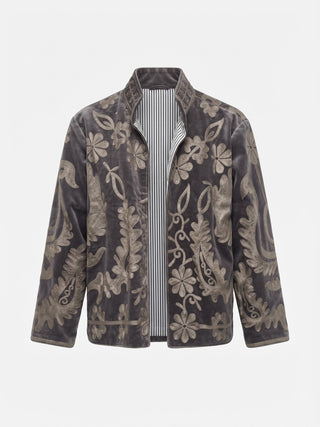Velvet Embroidered Folk Floral Reversible Jacket with Pockets - Taupe