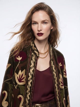 Velvet Embroidered Folk Floral Reversible Jacket with Pockets - Burgundy