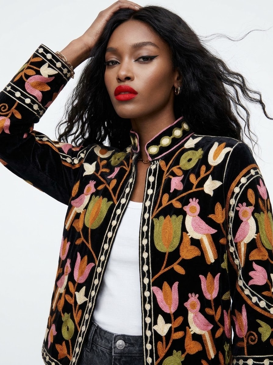 Velvet Embroidered Bird & Floral Reversible Jacket with Pockets - Black