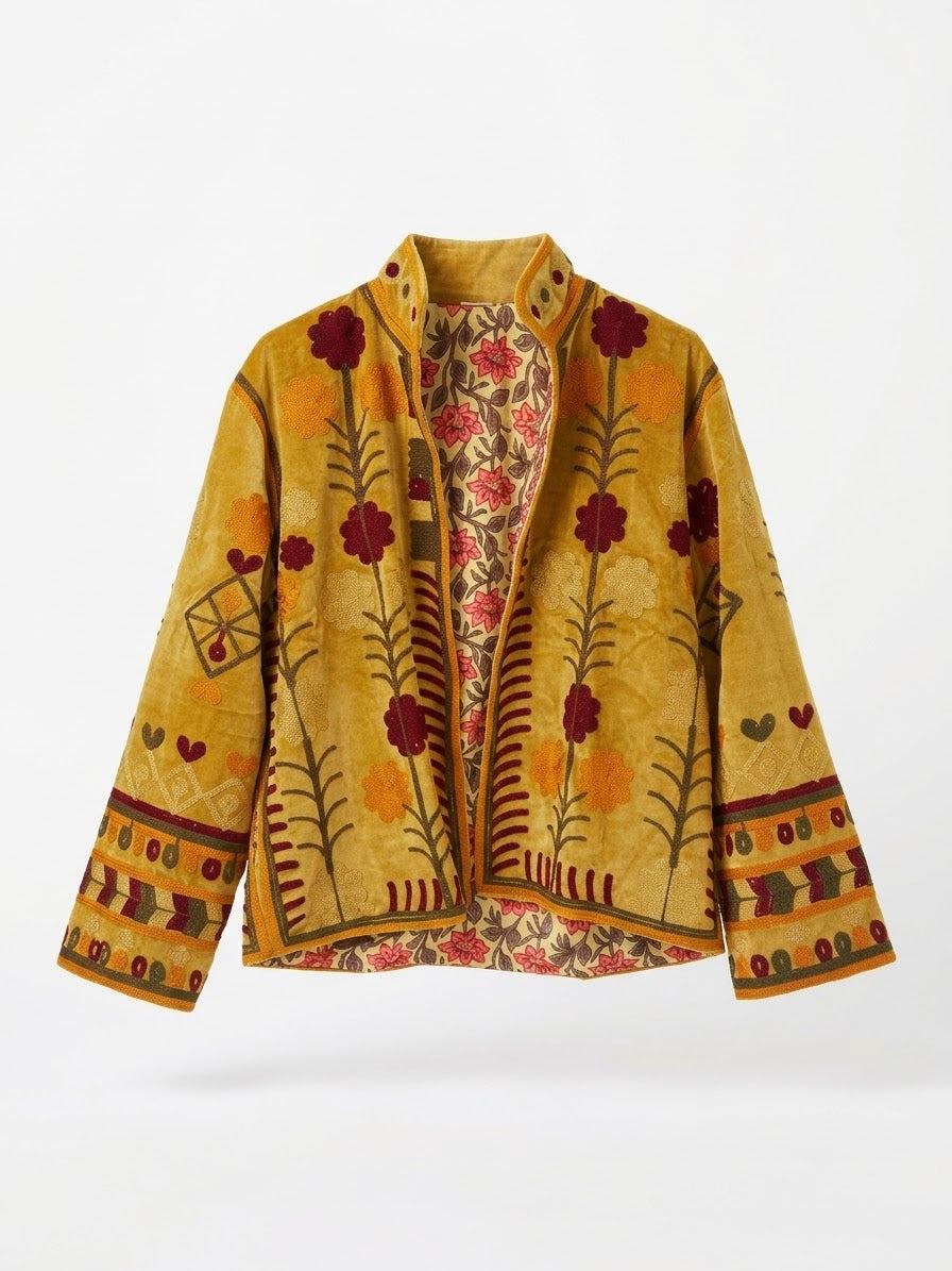 Velvet Embroidered Folk Floral Reversible Jacket with Pockets- Mustard
