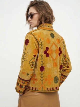Velvet Embroidered Folk Floral Reversible Jacket with Pockets- Mustard