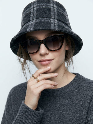 Wool Plaid Bucket Hat- Black
