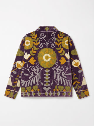 Velvet Embroidered Folk Floral Reversible Jacket with Pockets - Purple