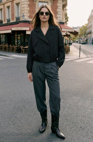 Double-Breasted Pinstripe Crop Jacket - Black