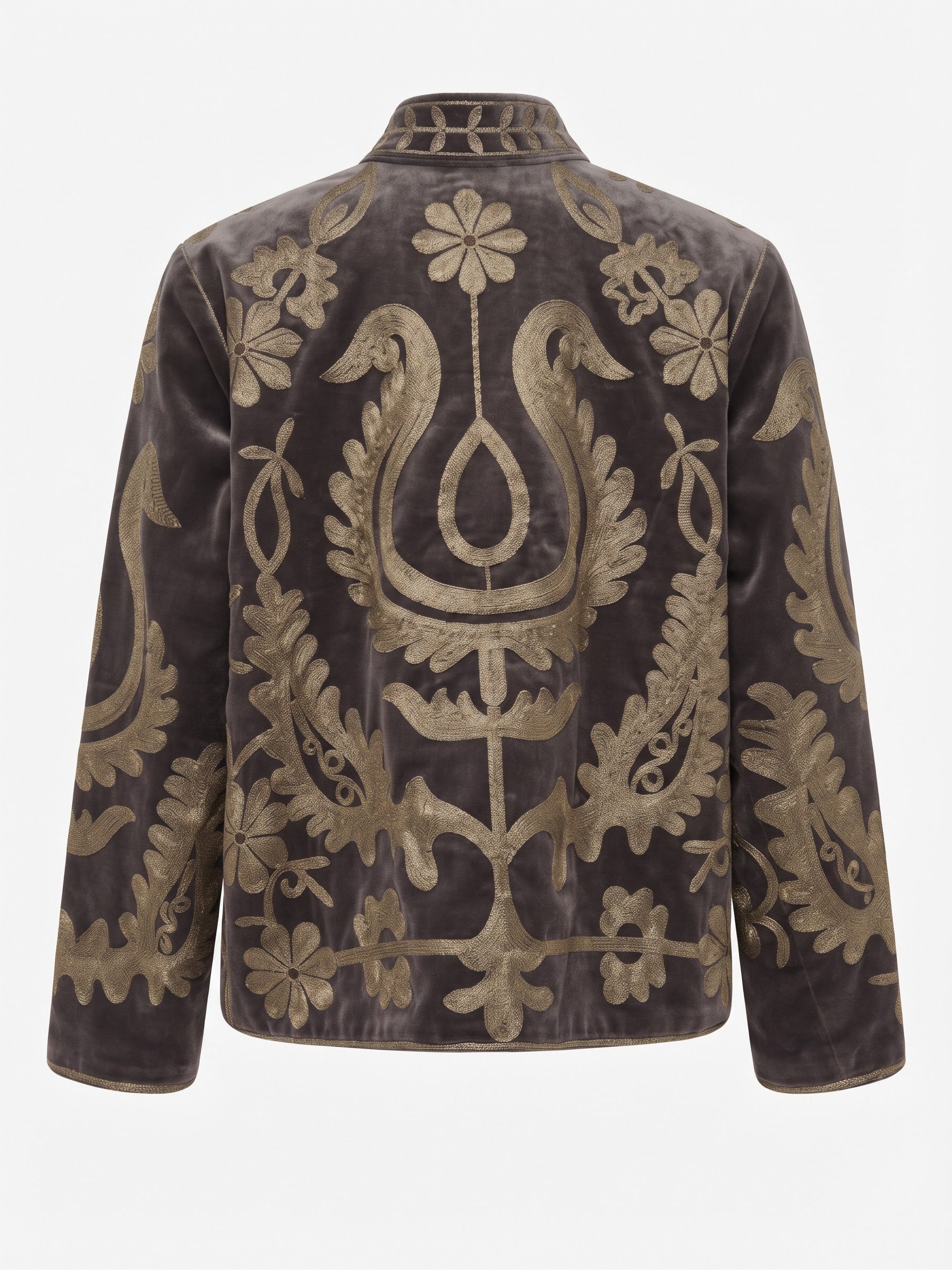 Velvet Embroidered Folk Floral Reversible Jacket with Pockets - Taupe