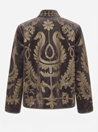 Velvet Embroidered Folk Floral Reversible Jacket with Pockets - Taupe