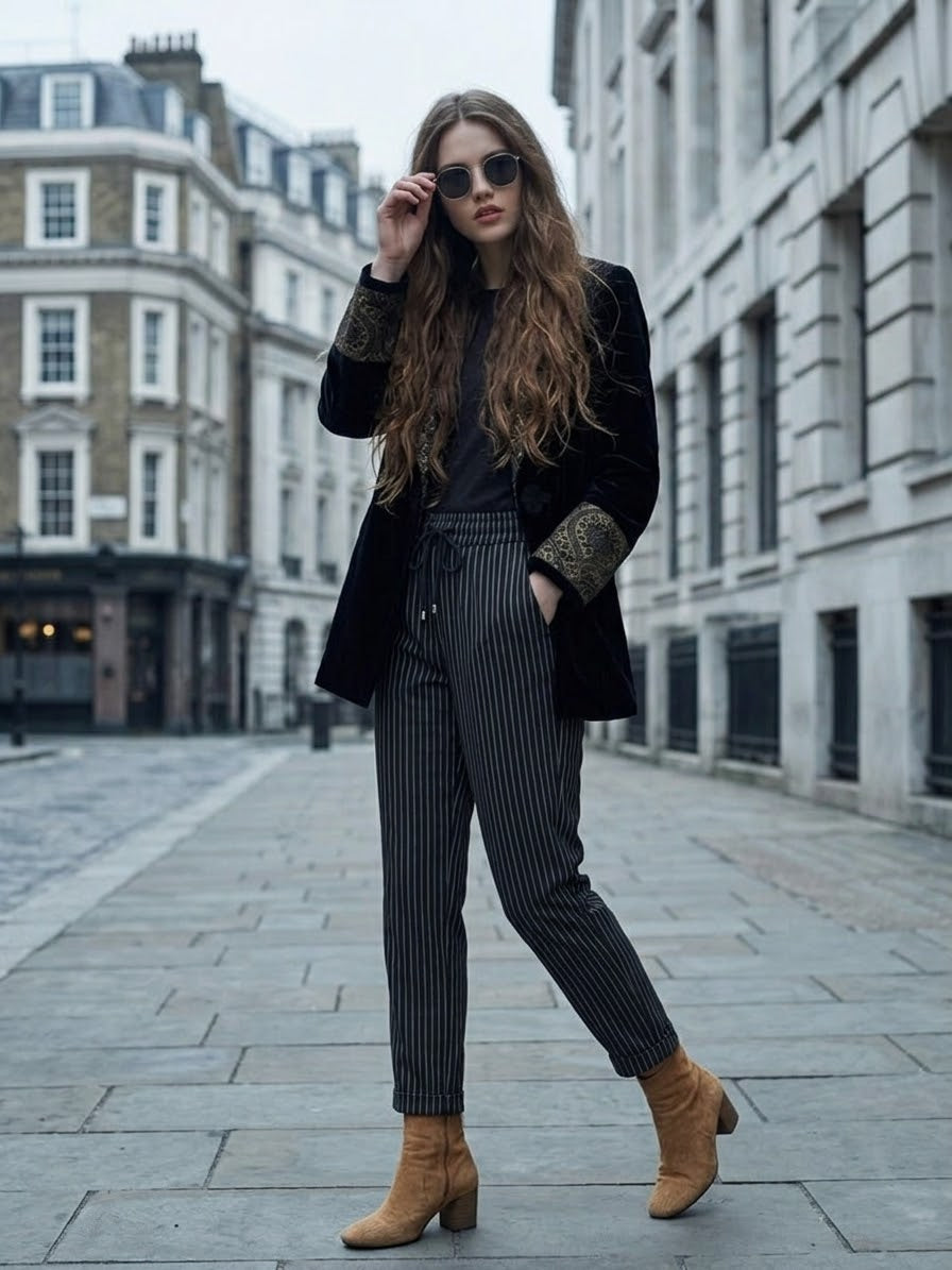 The Italian Pinstripe Drawstring Pull-On Pant- Black