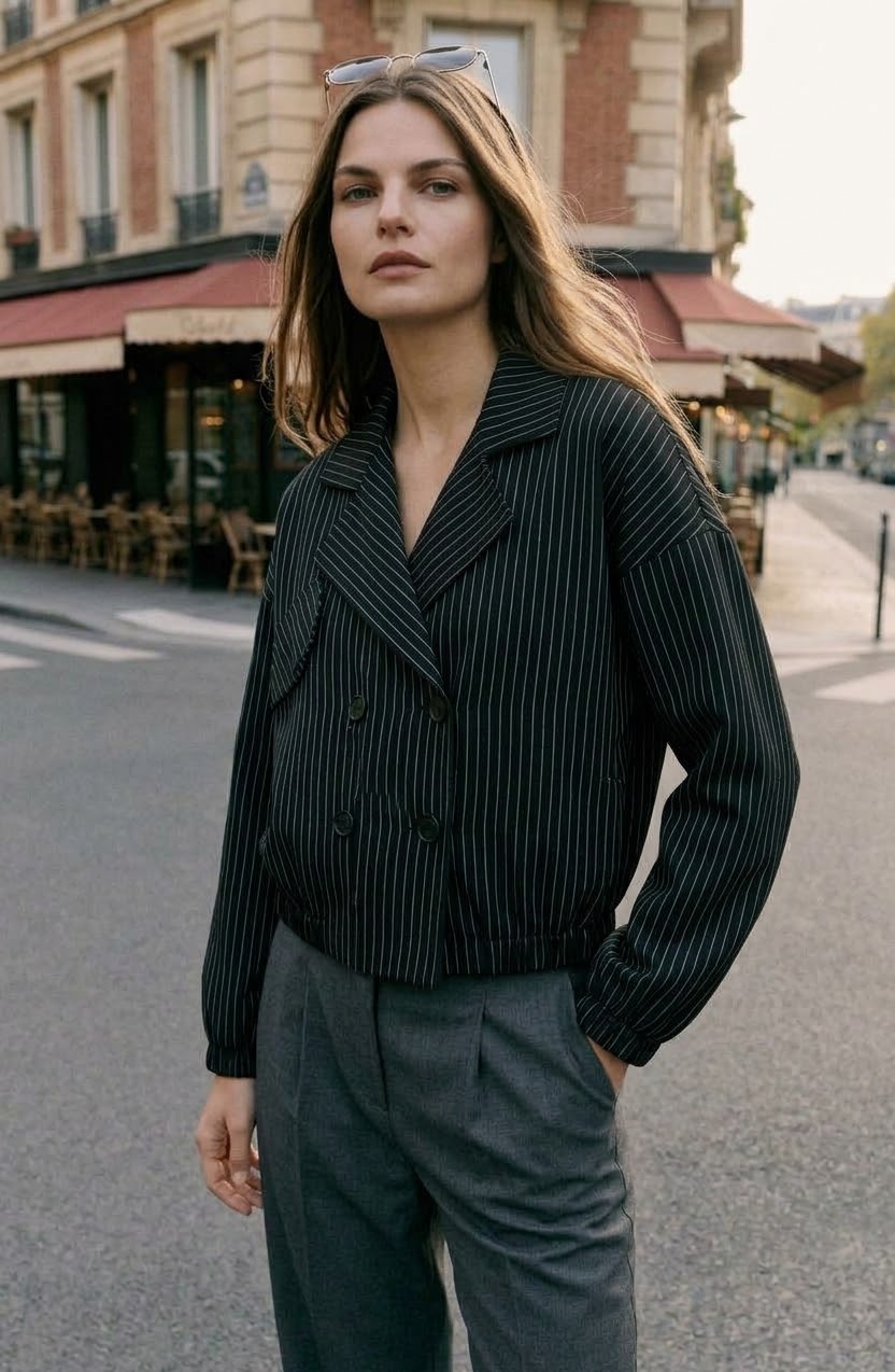 Double-Breasted Pinstripe Crop Jacket - Black