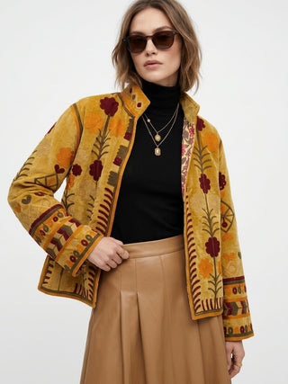 Velvet Embroidered Folk Floral Reversible Jacket with Pockets- Mustard