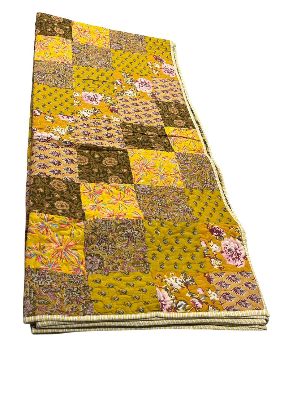 Vintage Floral Print & Bold Mustard Patchwork: Reversible Cotton Queen Size Quilt