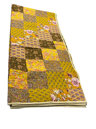 Vintage Floral Print & Bold Mustard Patchwork: Reversible Cotton Queen Size Quilt