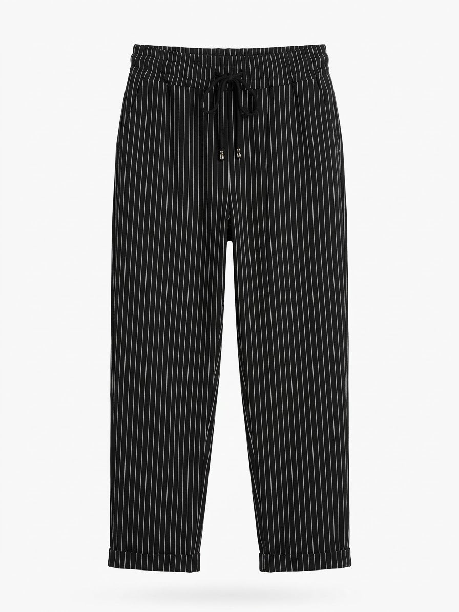 The Italian Pinstripe Drawstring Pull-On Pant- Black